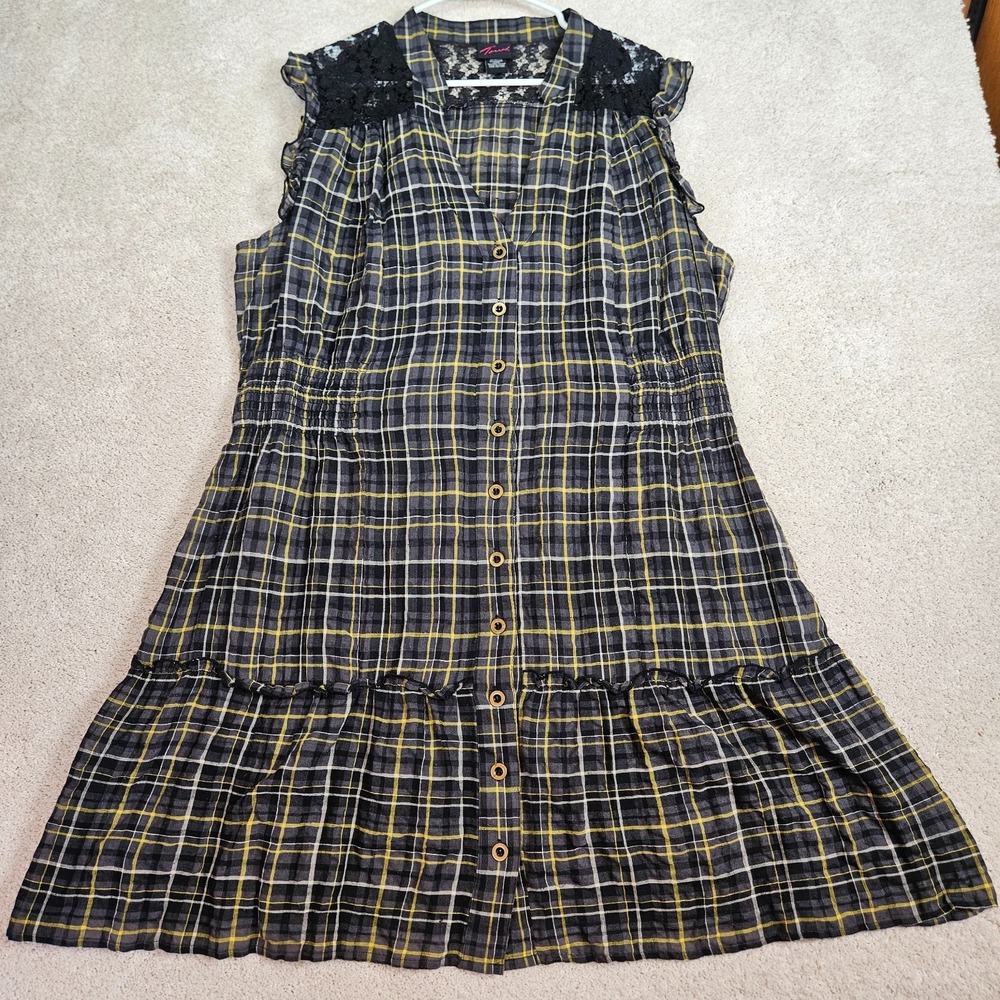 Torrid Dress Sz 20 Black Yellow Plaid Skater Whimsigoth Grunge Smocked Waist